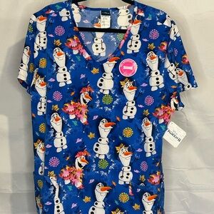 Disney Blue and White Cartoon Snowman Scrub Top.